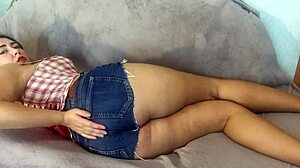 Masturbating sexy milf in corset and jeans shorts, blowjob and masturbation with big toy