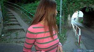 Outdoor blowjob and dick riding to sensual European babe gets pulled up