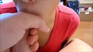 Teen slut with glasses gives a POV blowjob and swallows cum