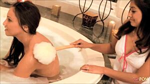 Celeste Star And Ruby Rayes Engage In Naughty Lesbian Fun In The Bathtub With Dildos And Oral Pleasures