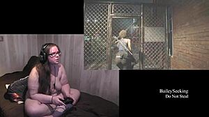 Naked BBW Plays Resident Evil 3 with Pierced Big Tits