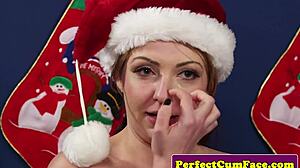 Naughty christmas babe in stockings cocksucks santa in close-up pov interview 😈