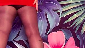 tease in pantyhose and latex dress with nylon leggings