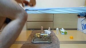 Banana used in solo masturbation with dildo