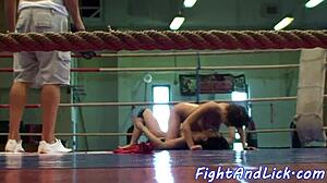 athletic lesbian babes pussylick and toy in boxing ring