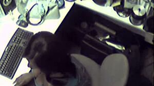 Ebony office babe toying her tight pussy solo at work