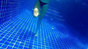 three panties stuffed in pussy, fucking black dildo in public pool