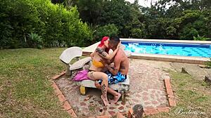 Young couple licks monster cock and fucks pussy outdoors on vacation