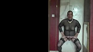 Stretching Ball Sacks in Stockings and Thong