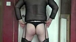 Stretching Ball Sacks in Stockings and Thong