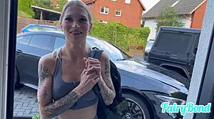 Skinny blonde rings doorbell for ass stretching training with monster cock.