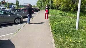 German milf acts like a slut on the highway parking lot, open to anyone for gay encounters