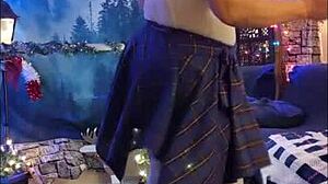 Hotwife Steffi dances pussy in plaid skirt cosplay.
