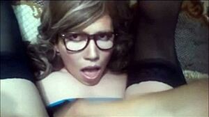 Transsexual Cums on Her Own Glasses in Self Facial