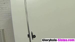 Ebony babe Mia Austin performs glory hole blowjob in interracial scene