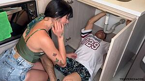 Latina with tight shaved pussy and small tits gets pounded doggystyle by plumber.