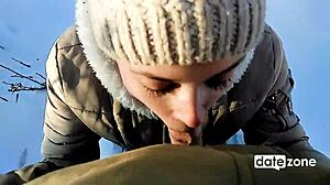 girlfriend gives emotional outdoor blowjob in the snow