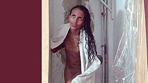 My skinny Latina model slips into a sexy costume after a steamy shower. Gotta see this!