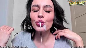 Ejaculating Dildo Covers Her in Cum with Ahegao Face