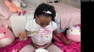 Ebony Babe Fucks My Face and Spits into Bowl with Big Tits