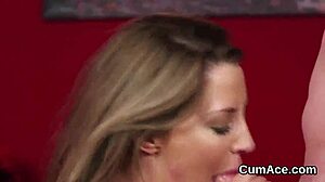 the horny looker receives a cum load on her face and gulps it all down.