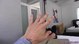 teen girl with big tits fucks hard using anal dildo in wild scene