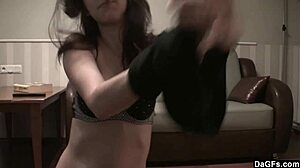 In this video, a tight girl performs a striptease in pantyhose.