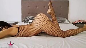 Girl in mesh bodystockings fucks sensually after work, cum on pussy.