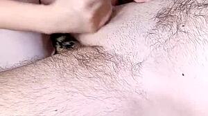 Sensual lingam massage on big natural tits culminates in handjob finale