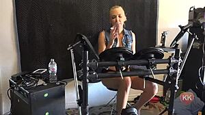 Blonde Model Pumps Drummer Pedal With Barefoot Toes
