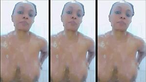 Huge-Titted Black Cutie Showers, Revealing Natural Tits