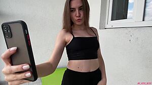 The slutty brunette model sucks dick and fucks in doggy