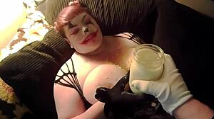 A chubby clown wants to have intercourse with a curvy girl in a wild manner