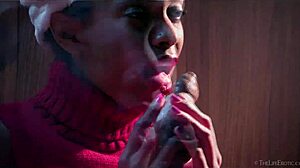 Slender Brazilian babe Luna C fingers her natural tits during Christmas masturbation