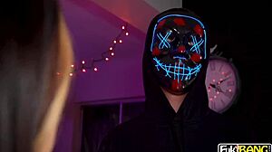 violet gems rides cowgirl on halloween party with big tits and facial cumshot