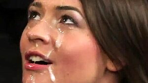 A sexual woman gets a vaginal wash by many men, hungrily swallowing their sperm