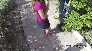 Broke teen 18+ transitions from payphone to sucking cock outdoors in pov