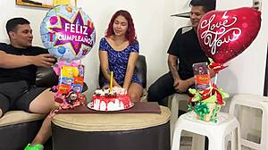 Beautiful stepmother gets fucked by two stepsons on birthday while husband works.