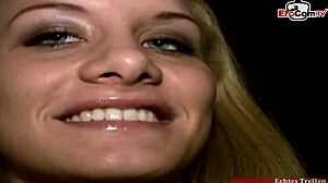 Skinny blonde babe with silicone tits receives a belly cumshot.