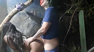 Spider-Man fucks young brunette at Halloween party her family saw!