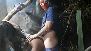 Spider-Man fucks young brunette at Halloween party her family saw!