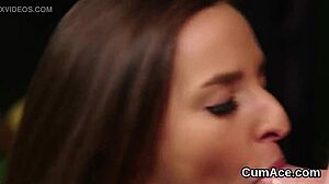 frisky hottie gets sperm load on face, sucking all cum.