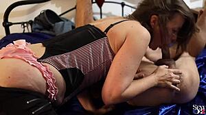 French amateur bends over in black leather pants and zebra corset for POV ass licking, blowjob, and spanking.