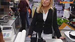 Blonde milf sells her items in the garage and gets a blowjob from a hidden cam perspective