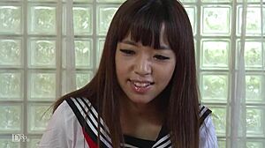 Akari Kiriyama in uniform gets excited and performs shaved blowjob on Japanese guy.