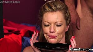 Unusual hottie gets cum shot on her face gulping all the love juice