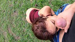 Goddess Donabella gives a quick blowjob in the park