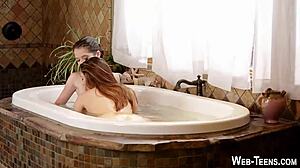 Lesbian Teen 18+ Licks Pussy in the Bath with Fingering and Masturbation