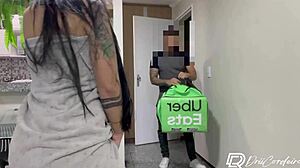 uber driver gets lucky, fucking a tattooed brunette babe in homemade doggystyle and riding, ending with facial.