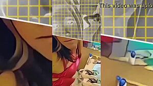 I watch this hot shemale teaseing me, undressin in the bathroom, rippin clothes off.